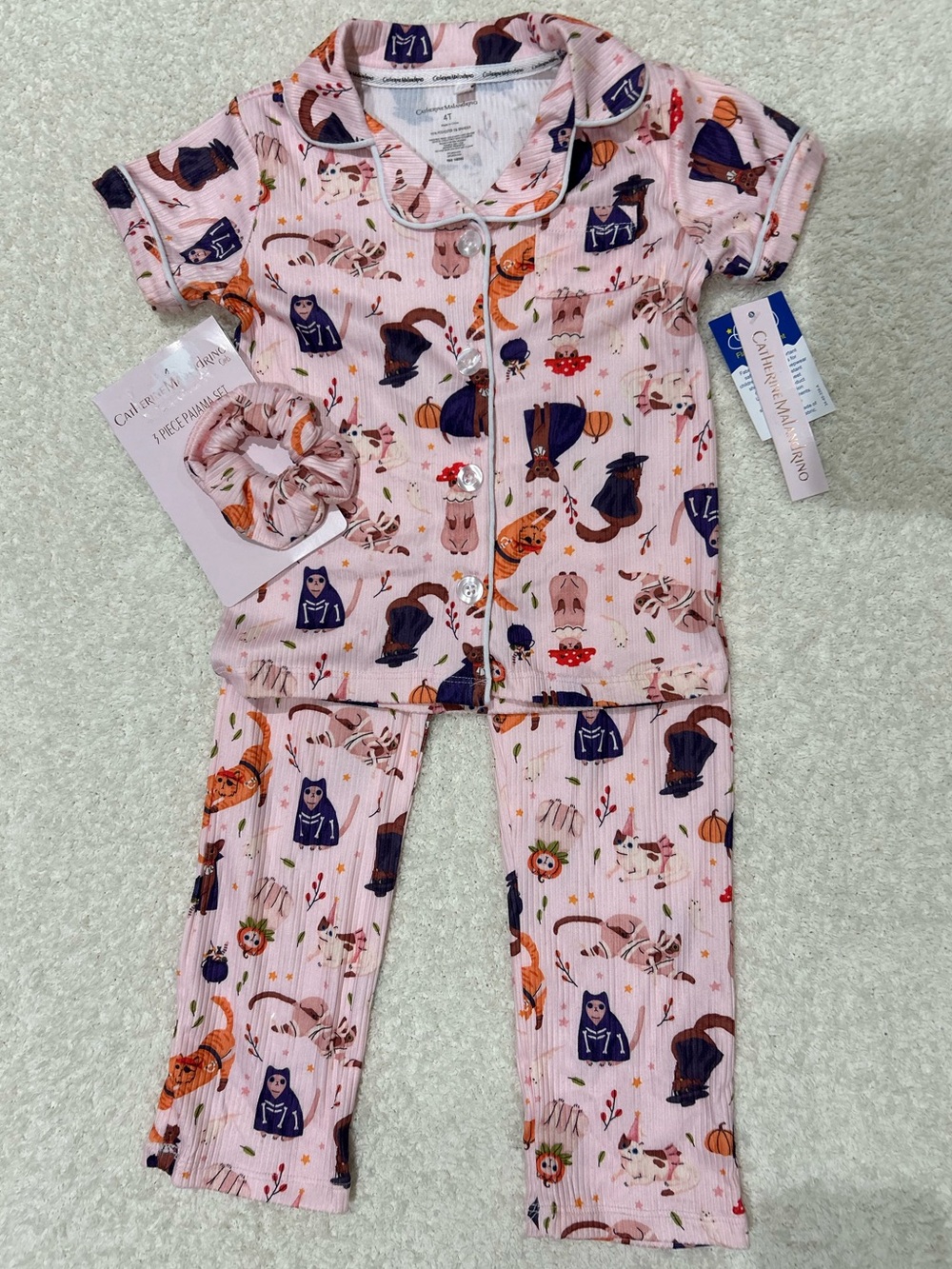 Catherine Malandrino Halloween Cats Pajama Set Pink Scrunchie Sz 4T NWT